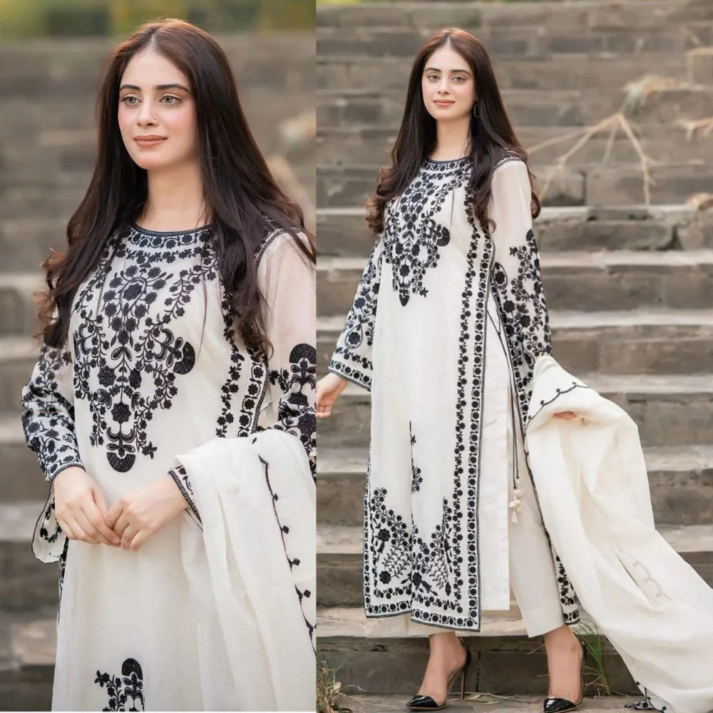 Agha Noor 3PC Unstitched Omal Luxury Suit with Embroidered Chiffon Dupatta